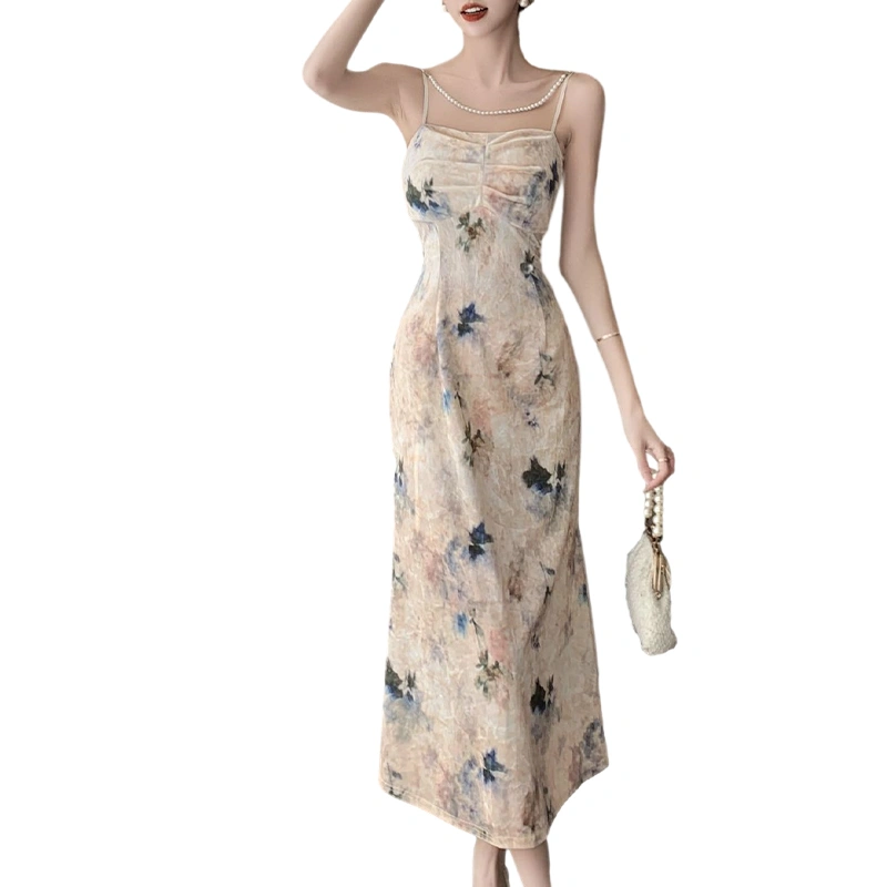 Women's Velvet Long Dress Spaghetti Strap Floral Print Party Dress