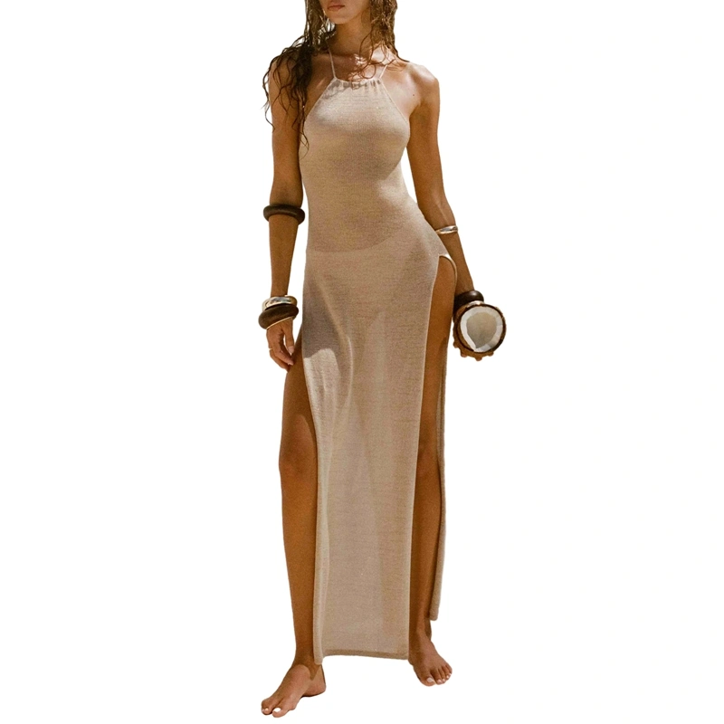 Women Knit Beach Dress, Tie-up Halterneck Slit Long Vacation Dress