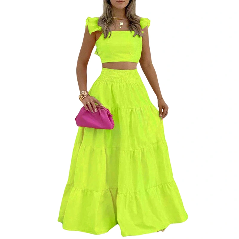 Women Solid Color Set, Fly Sleeve Crop Tops + Swing Tiered Long Skirt 