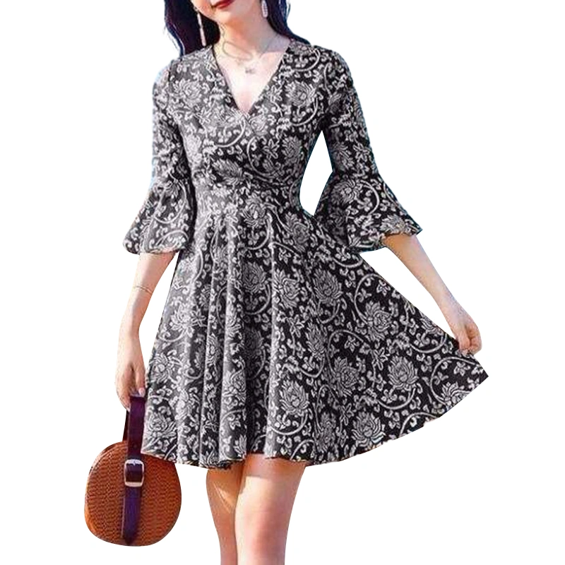 Women Mini Dress Floral Print V-Neck Flare Sleeve Summer A-line Dress