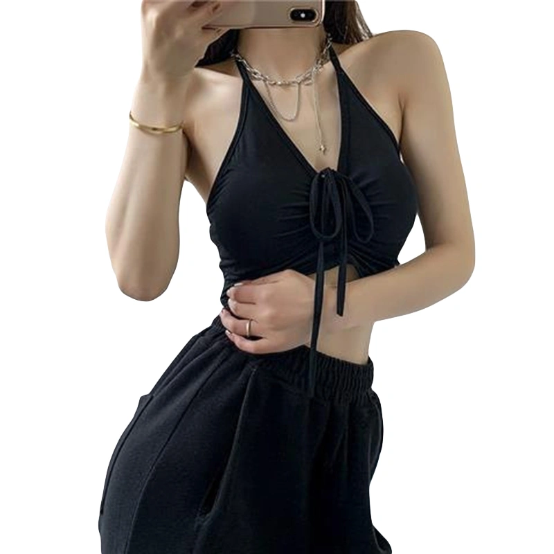 Women's Summer Halter Tank Tops Solid Color V-Neck Drawstring Tops