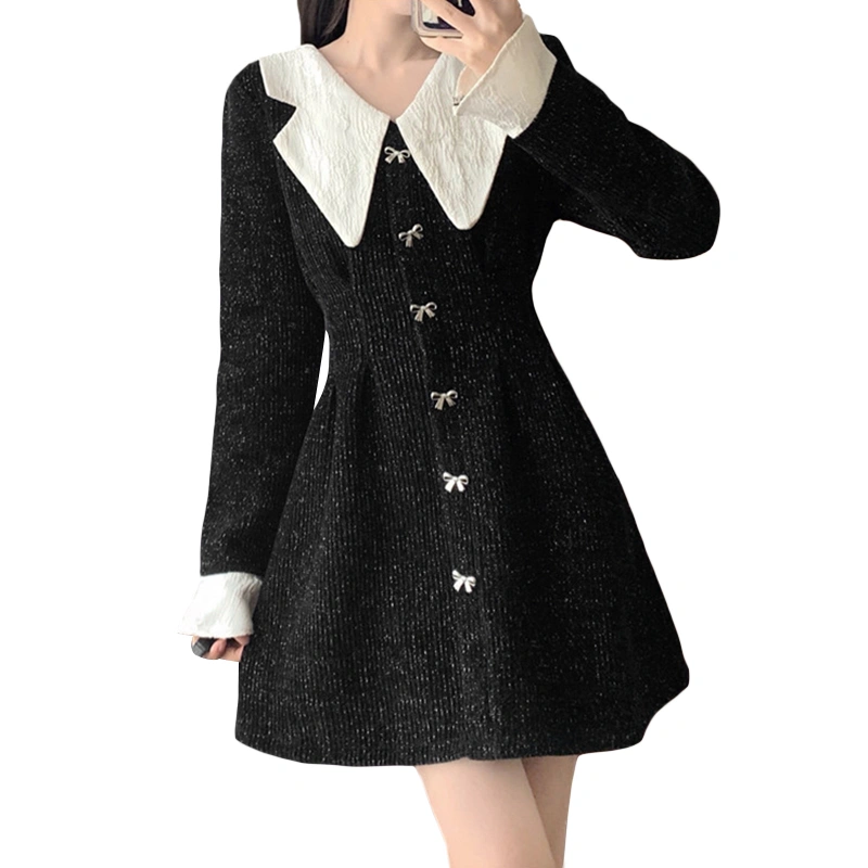 Women Mini Dress, Elegant Long Sleeve Doll Collar Bows A-line Dress