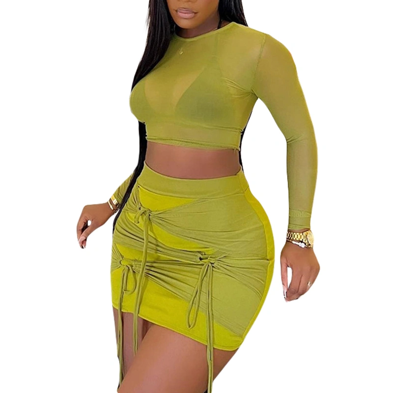 Women’s 2 Piece Outfits Sheer Mesh Crop Tops + Drawstring Skirt Set