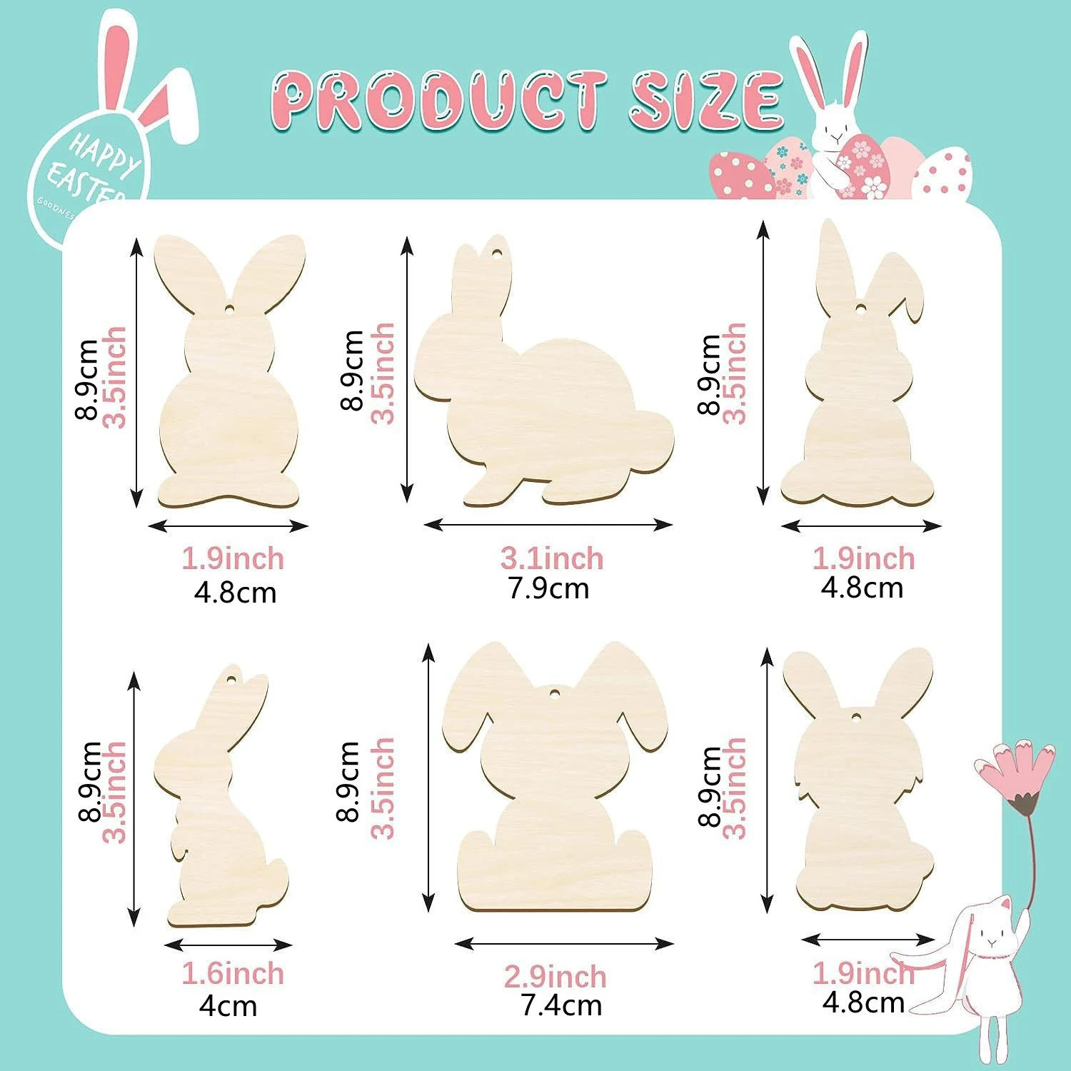 6Pcs Easter Wooden Bunny Cutouts DIY Unfinished Rabbit Ornament