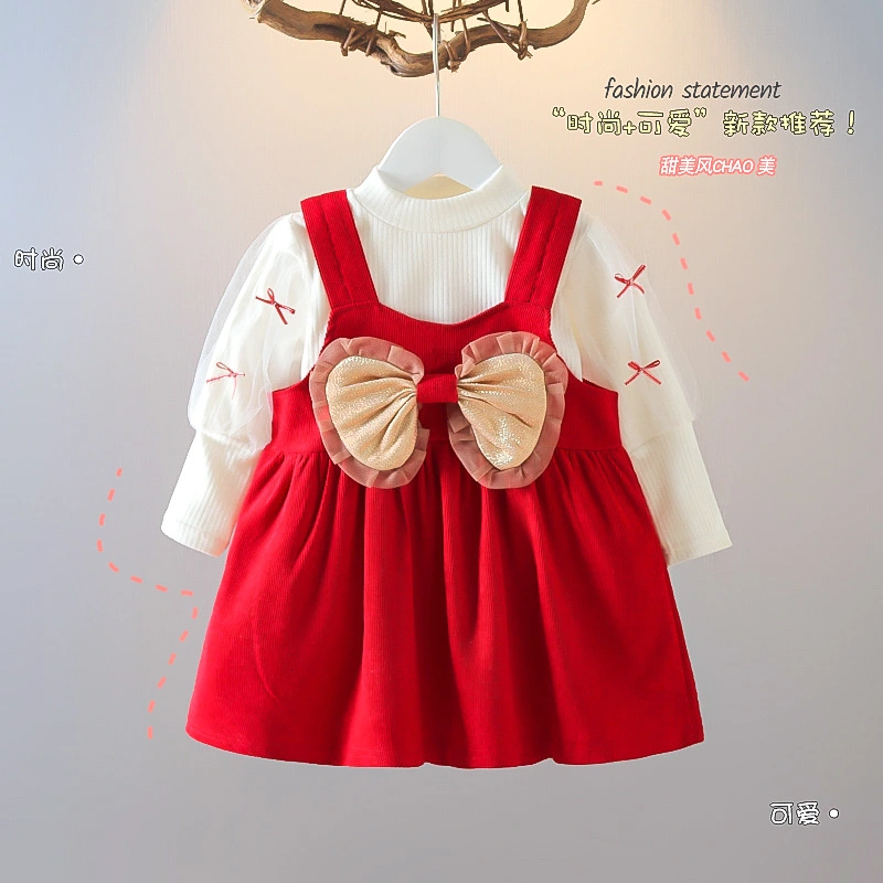 Girl Fall Dress Set, Mesh Long Puff Sleeve Tops Sleeveless Bow Dress