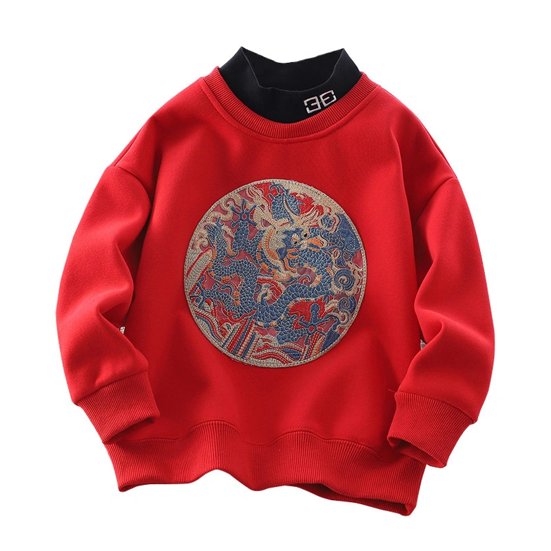 Boys Girls Long Sleeve Dragon Embroidery Fake Two-Piece Sweatshirt 