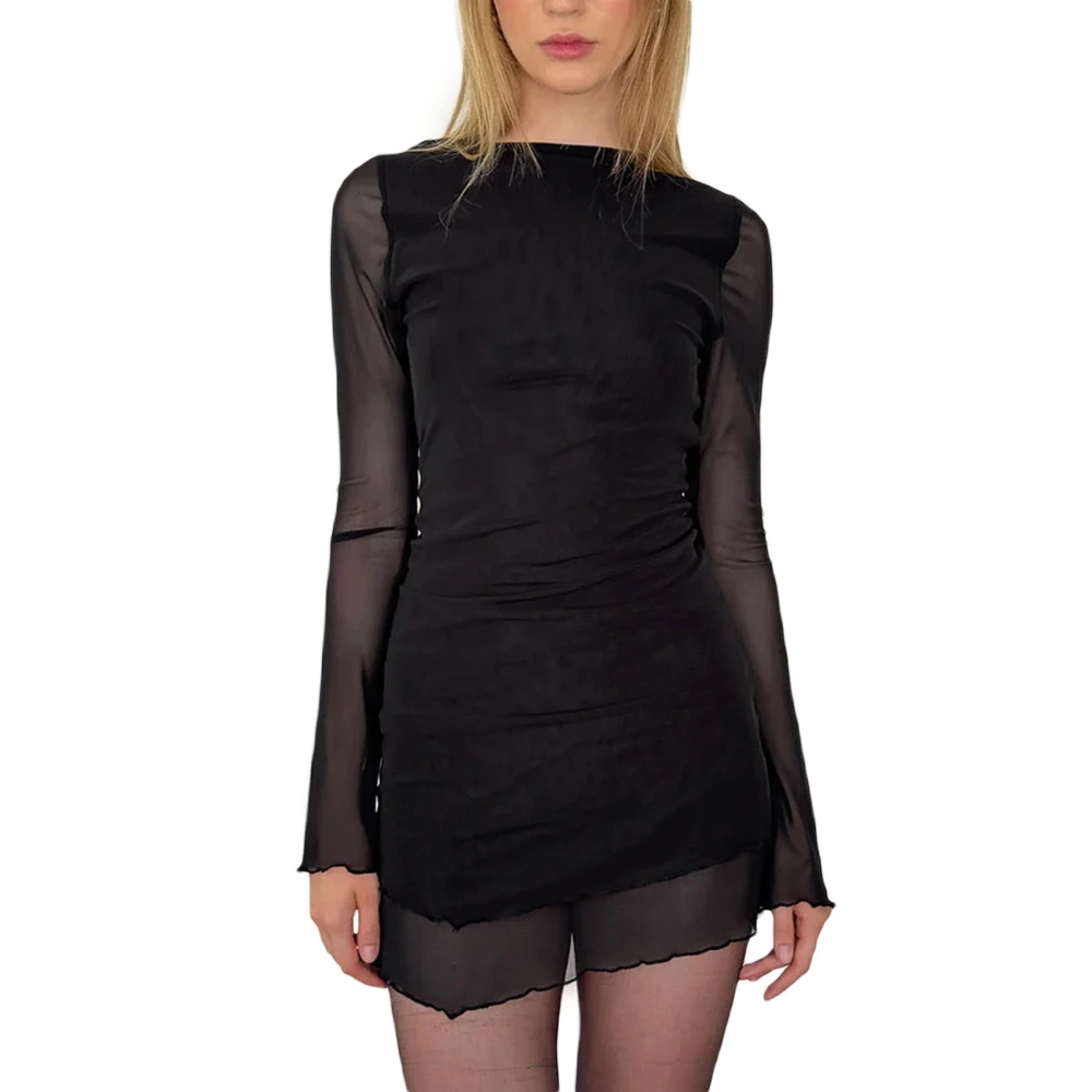 Women Mesh Dress Casual Long Sleeve Backless Party Mini Dress 