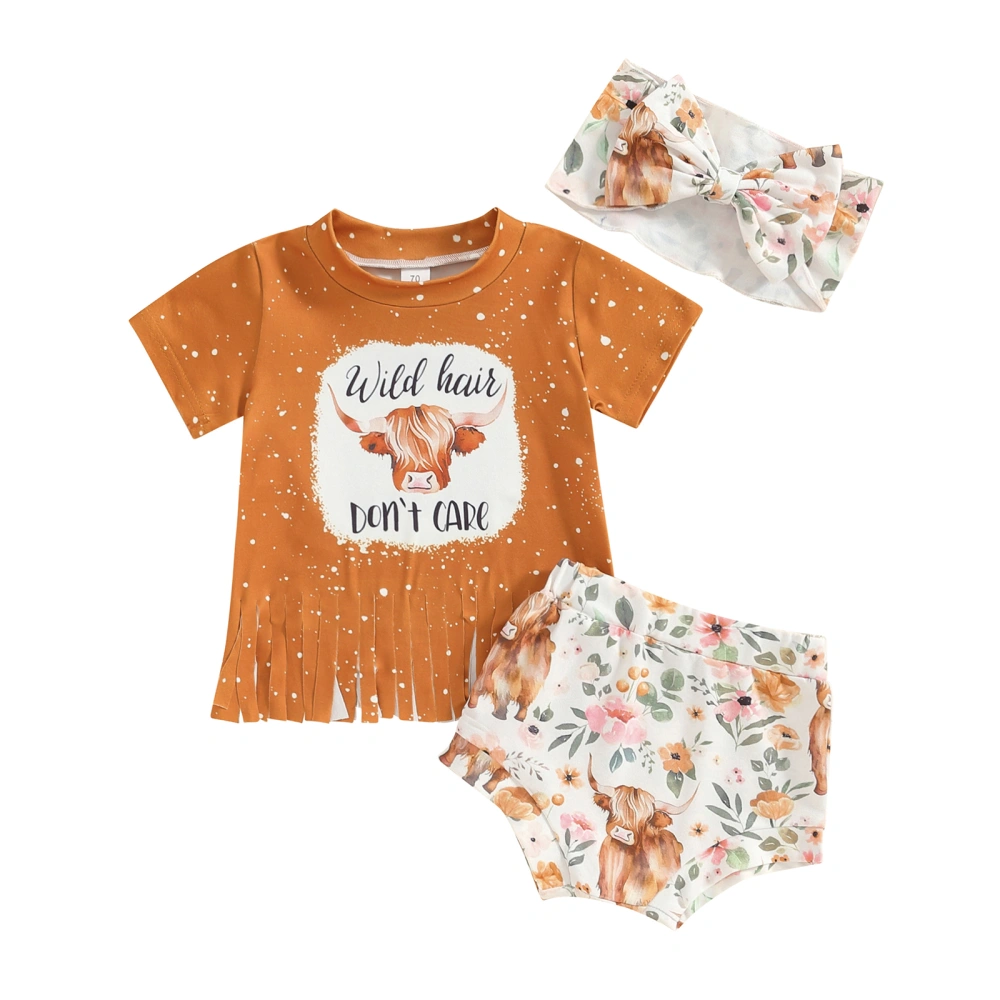 Baby Girl Summer Set, Short Sleeve Tassel Tops + Shorts + Bow Headband