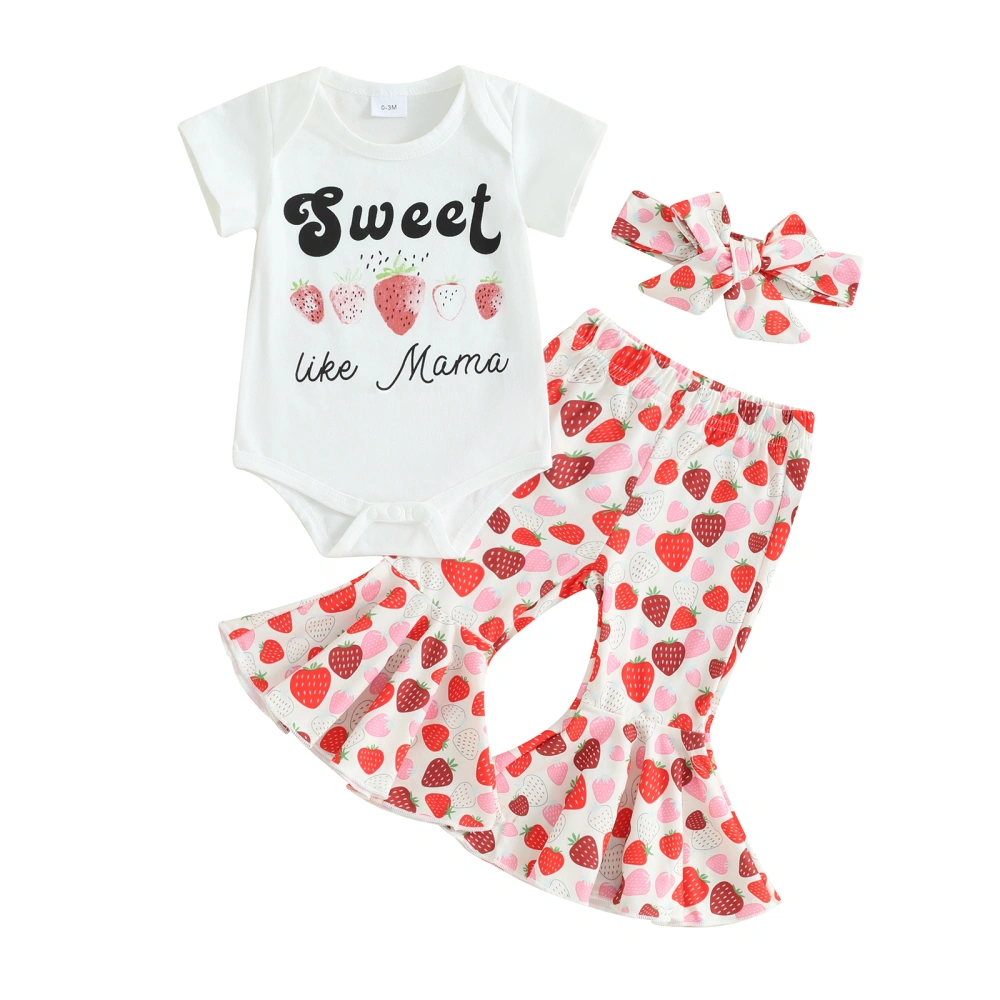 Girls Outfits Short Sleeve Romper Strawberry Flare Trousers Heaband