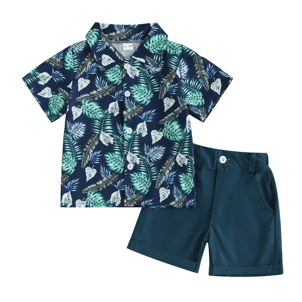 Boys Shorts Set, Short Sleeve Tree/Leaves Print Shirt with Shorts