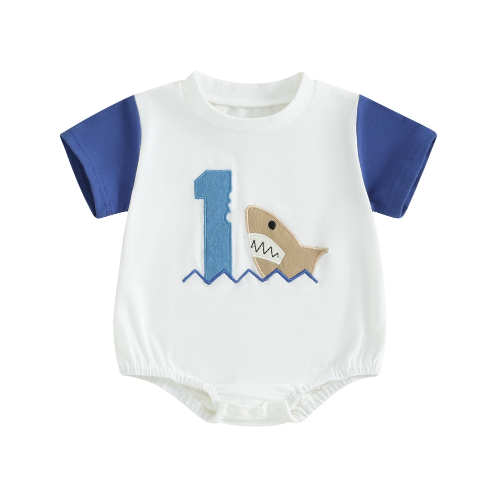 Baby Boy Round Neck Short Sleeve Letter Shark Patch Birthday Romper 