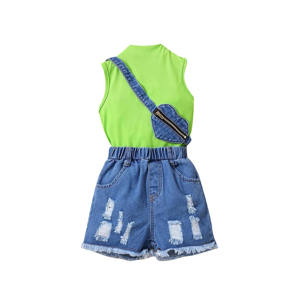 Kids Girls Summer Outfits Solid Color Tank Tops Denim Shorts Bag