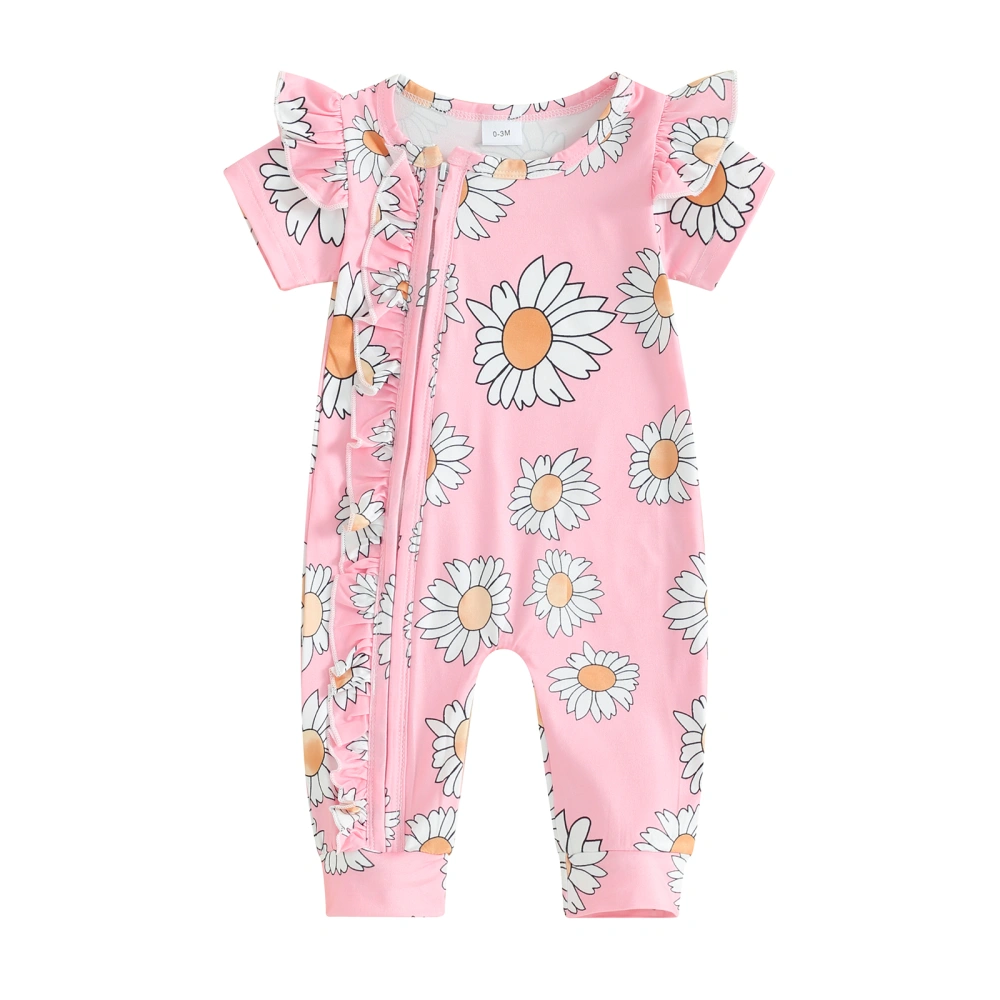 Baby Girls Jumpsuit, Short Sleeve Flower Print Zipped Casual Romper