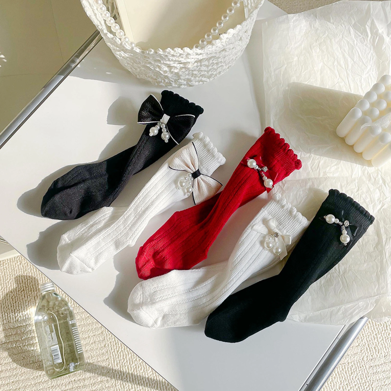 Baby Girl Cute 3D Bow Pearls Ribbed Breathable Midi Length Socks 