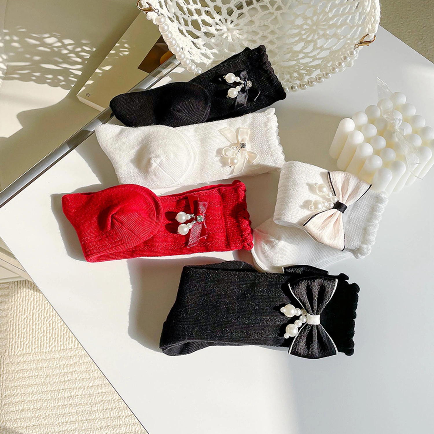 Baby Girl Cute 3D Bow Pearls Ribbed Breathable Midi Length Socks 
