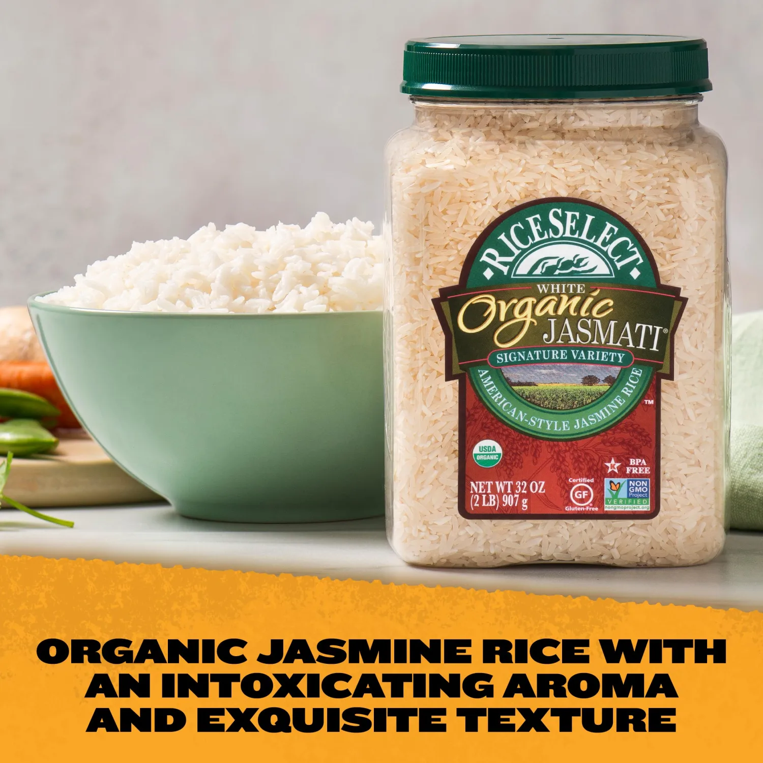 RiceSelect Organic Jasmati White Rice for Asian-Food-Inspired Recipes, Premium Non-GMO Gluten-Free Long-Grain Jasmine Rice, 32-Ounce Jar