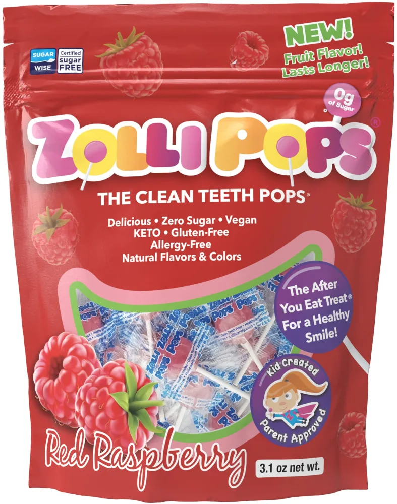 Zollipops The Clean Teeth Pops, Anti Cavity Lollipops, RASPBERRY (3.1 oz), Assorted, (3322)