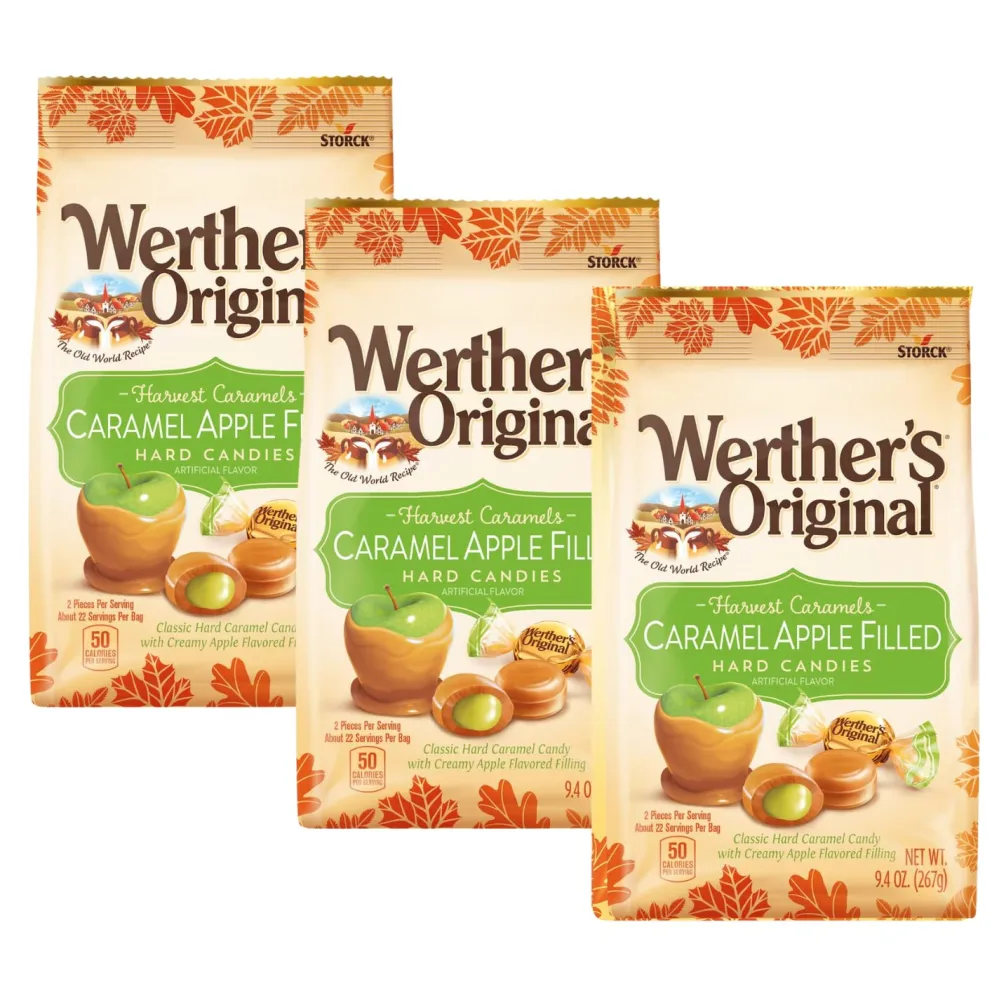 Werther's Original Harvest Caramel Apple Filled Hard Candy - Creamy Apple Filling, Individually Wrapped, Perfect for Sharing, Old World Recipe - 9.4 Oz Bag (Pack of 3)