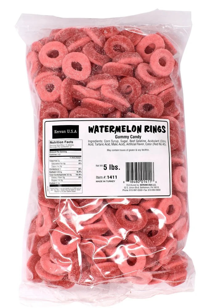 Kervan Candy Bebeto Watermelon Rings - Fruity, Soft, Sweet & Sour Gummy Candy Bulk for Kids, Gift Snacks and Parties - Watermelon Ring Gummies Big Party Size Bag (5 lbs)