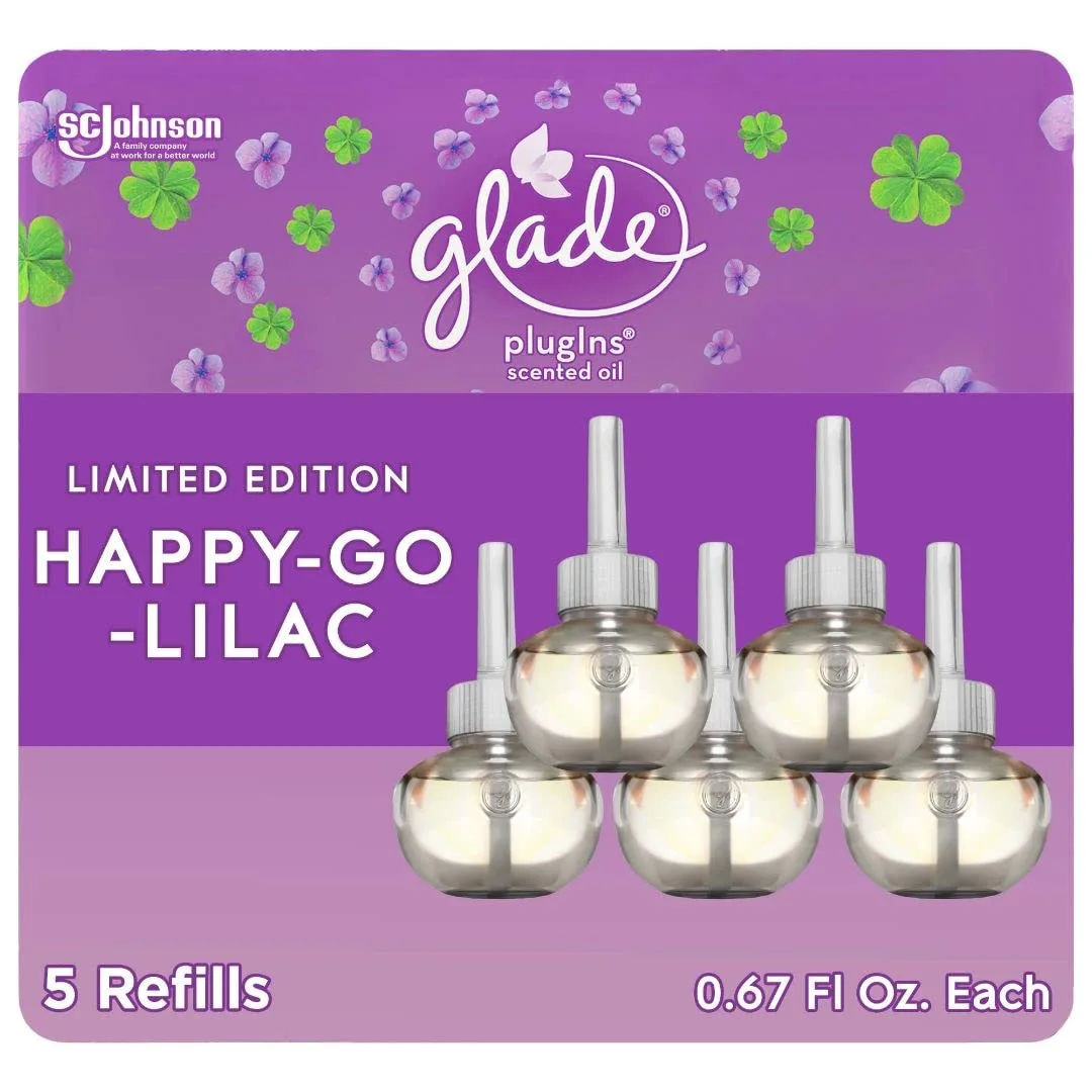 Glade PlugIns Refills Air Freshener, Scented and Essential Oils for Home and Bathroom, Happy-Go-Lilac, 3.35 Fl Oz, 5 Count