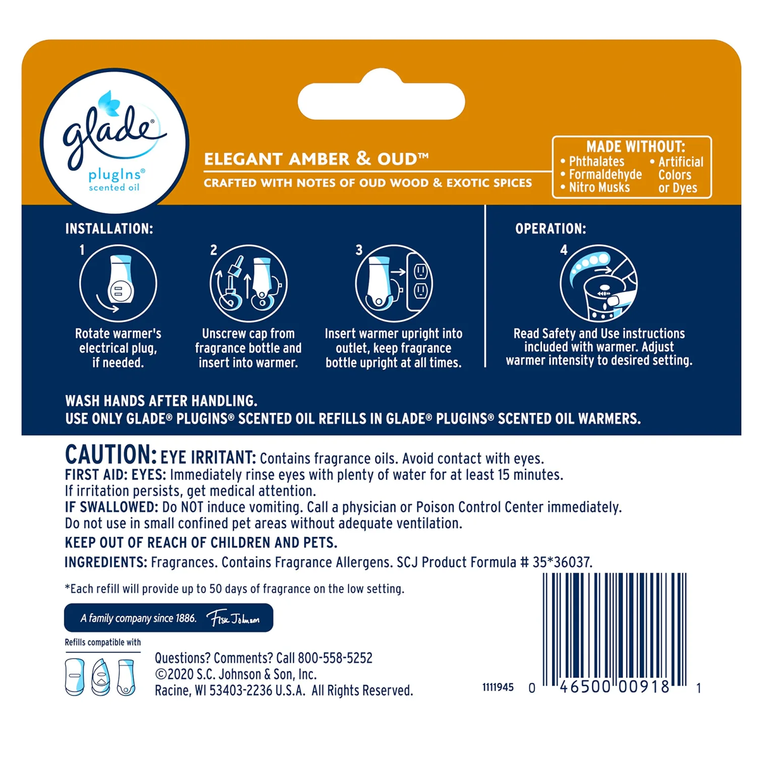 Glade PlugIns Refills Air Freshener, Scented and Essential Oils for Home and Bathroom, Elegant Amber & Oud, 2.01 Oz, 3 Count