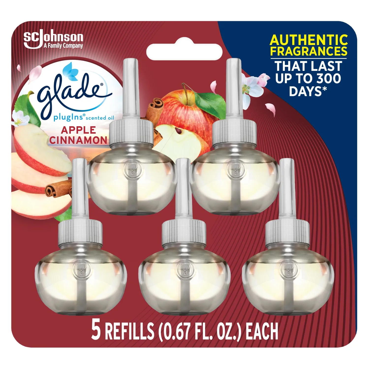 Glade PlugIns Refills Air Freshener, Scented and Essential Oils for Home and Bathroom, Apple Cinnamon, 3.35 Fl Oz, 5 Count