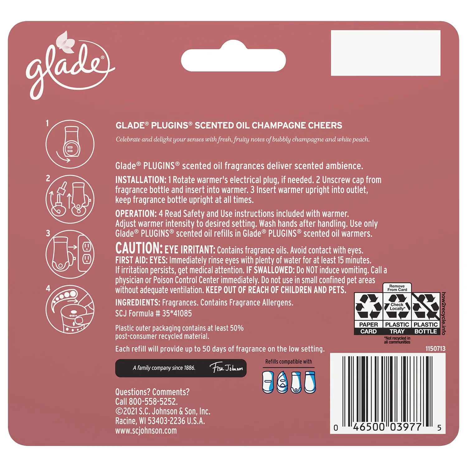 Glade PlugIns Refills Air Freshener, Scented and Essential Oils for Home and Bathroom, Champagne Cheers, 3.35 Fl Oz, 5 Count
