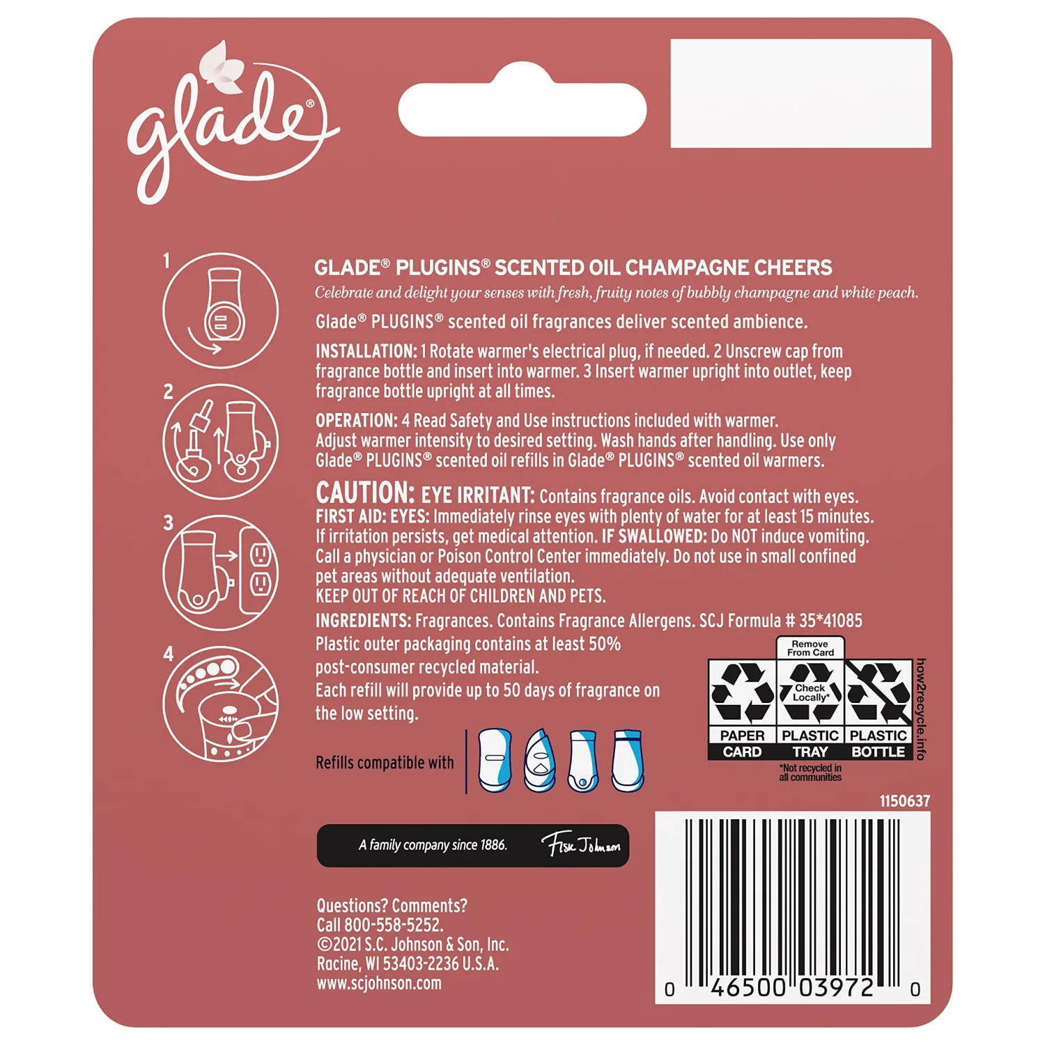 Glade PlugIns Refills Air Freshener, Scented and Essential Oils for Home and Bathroom, Champagne Cheers, 1.34 Oz, 2 Count
