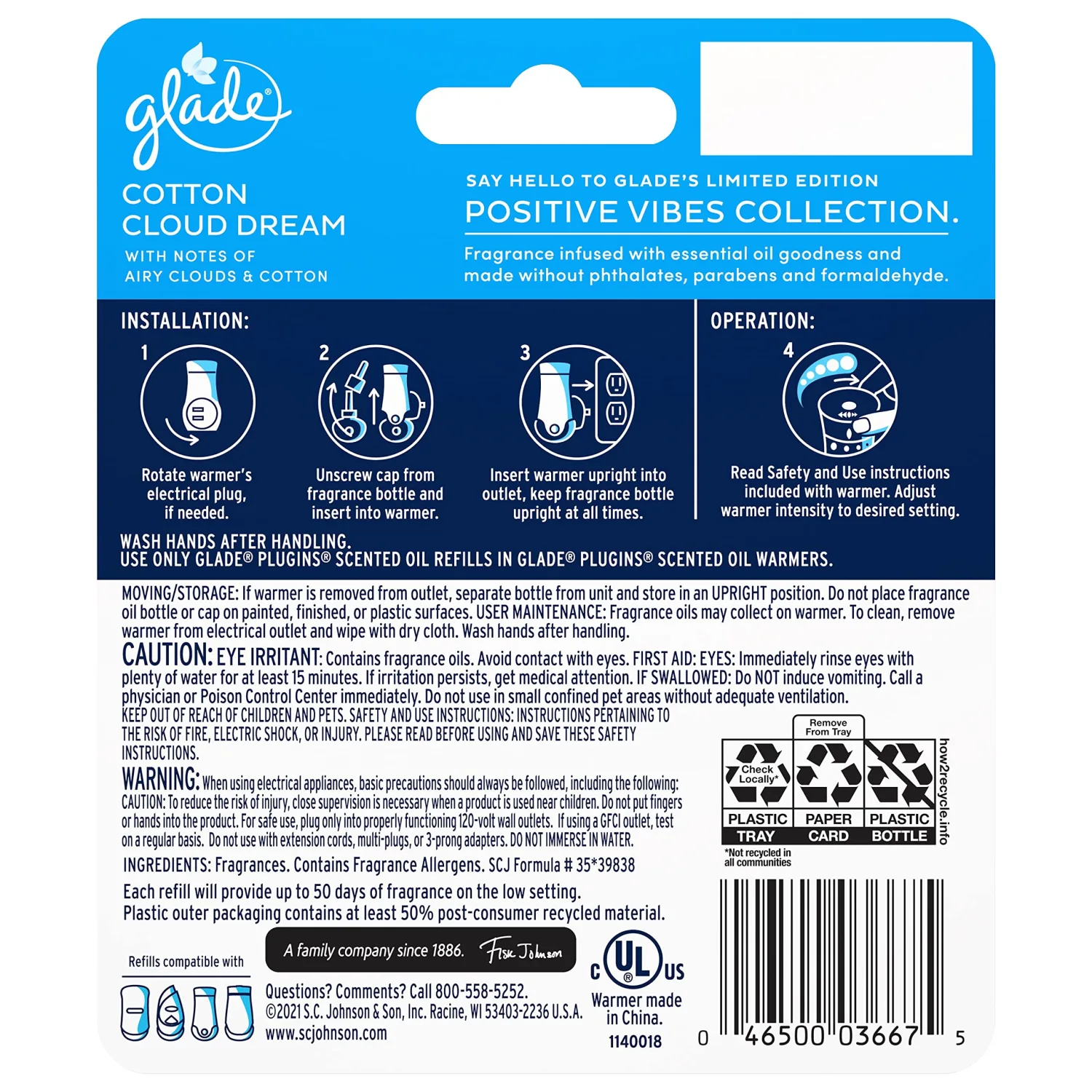Glade PlugIns Refills Air Freshener Starter Kit, Scented and Essential Oils for Home and Bathroom, Cotton Cloud Dream, 0.67 Fl Oz, 1 Warmer + 1 Refill