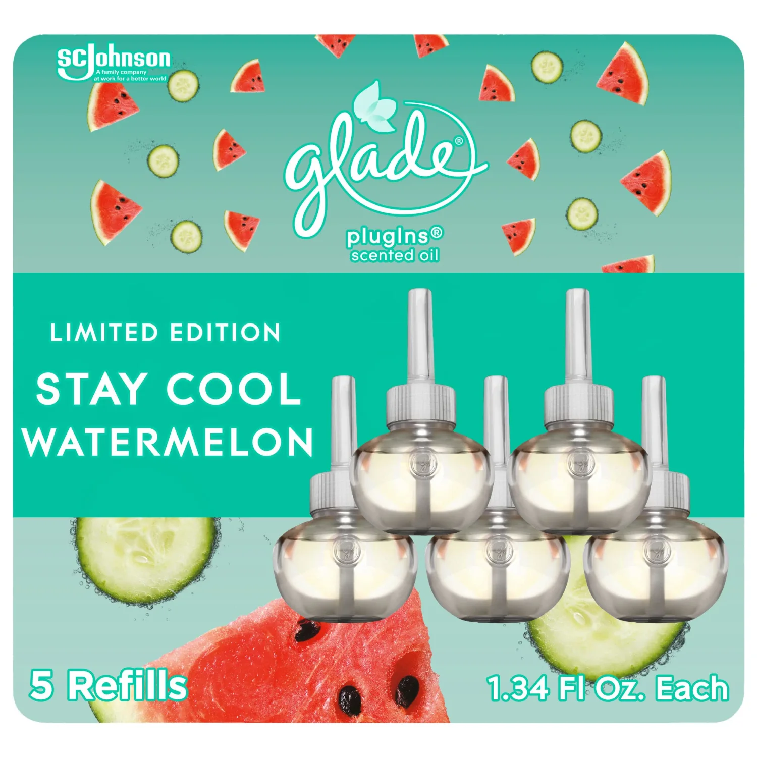 Glade PlugIns Refills Air Freshener, Scented and Essential Oils for Home and Bathroom, Stay Cool Watermelon, 3.35 Fl Oz, 5 Count