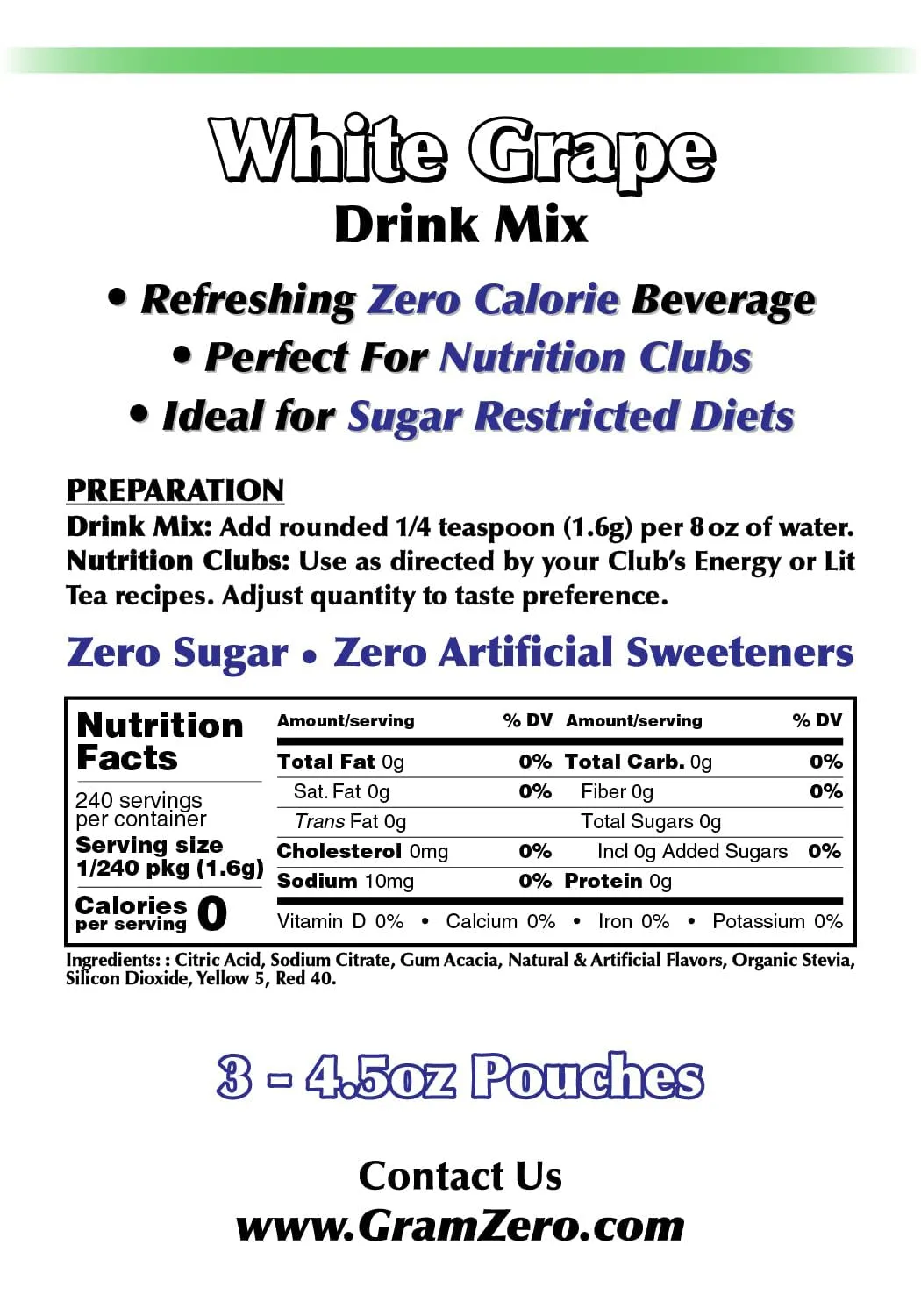 GramZero White Grape Zero Calorie Sugar Free Drink Mix, Great For Nutrition Club Loaded Teas, Stevia Sweetened