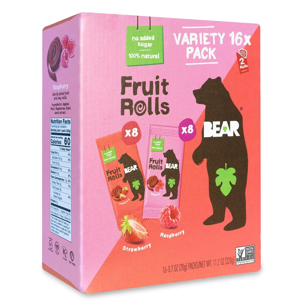 BEAR Real Fruit Snack Rolls, Strawberry & Raspberry Variety Pack – 16 Count – Gluten Free, Vegan, and Non-GMO – Healthy School And Lunch Snacks For Kids and Adults