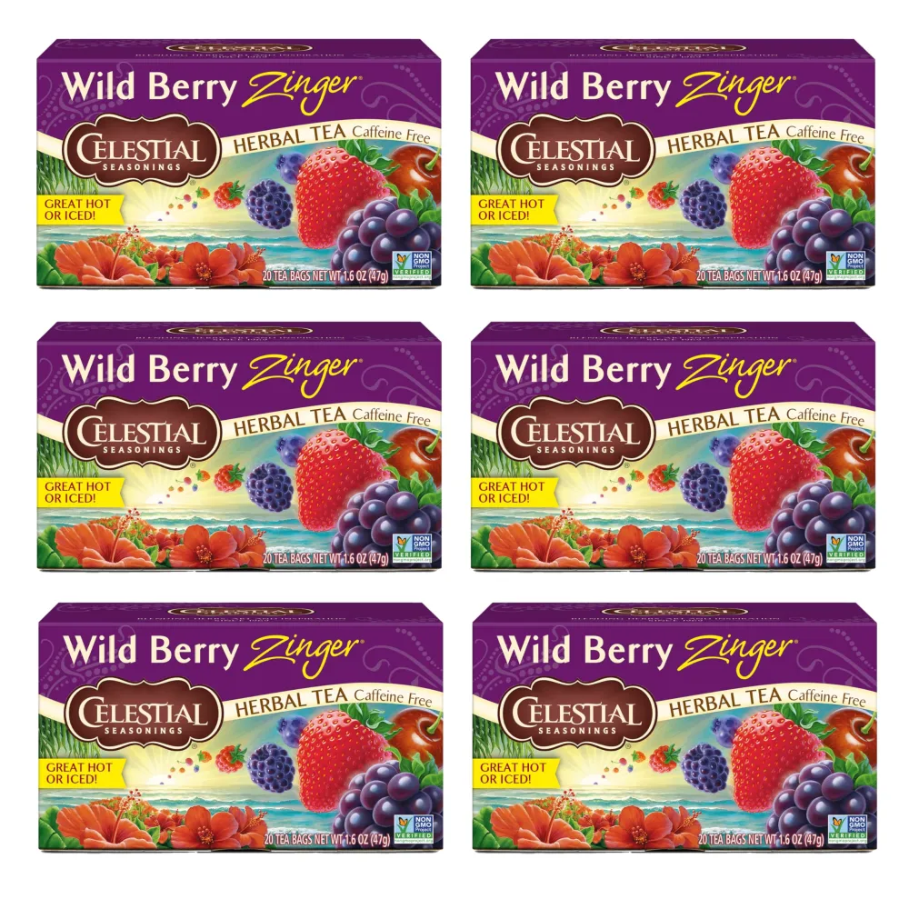 Celestial Seasonings Wild Berry Zinger Herbal Tea, Caffeine Free, 20 Tea Bags Box, (Pack of 6)