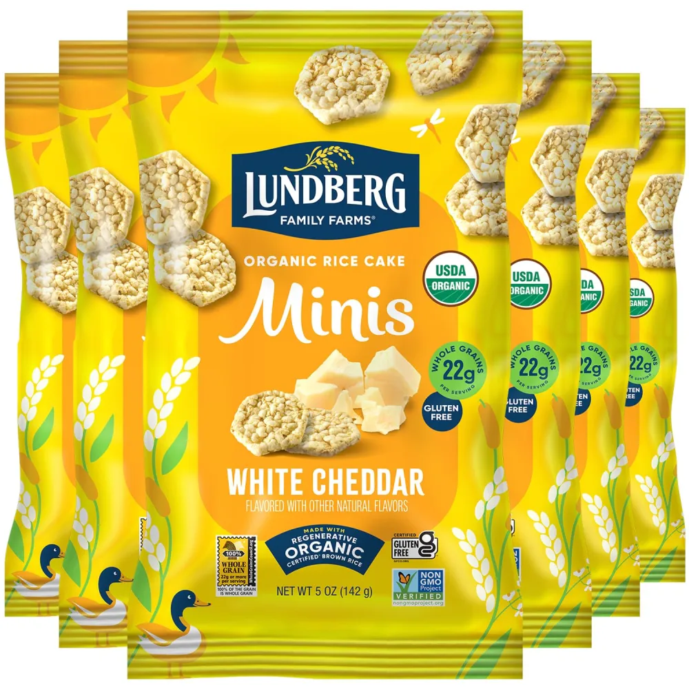 Lundberg Organic Rice Cake Minis, Cheddar, 6-Pack – Regenerative Organic Certified Mini Rice Cakes, Healthy Snacks, Gluten-Free, 5 Oz Ea