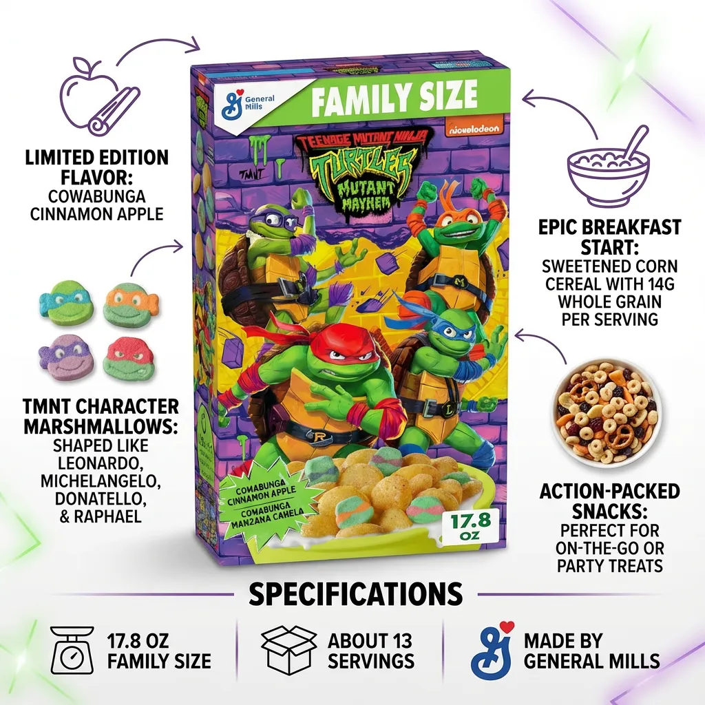 General Mills Teenage Mutant Ninja Turtles: Mutant Mayhem Cinnamon Apple With Marshmallows Breakfast Cereal, Limited Edition, Family Size, 17.8 oz