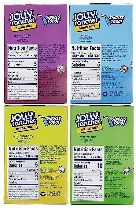Jolly Rancher SINGLES TO GO! Drink Mix WaterTok Bundle - Blue Raspberry, Green Apple, Watermelon and Cherry Drink Mix