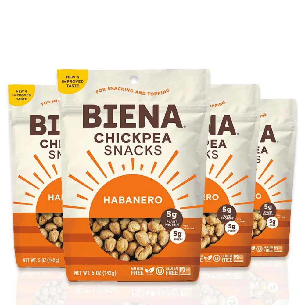 BIENA Chickpea Snacks - Crunchy Roasted Chickpeas - High Fiber Vegan Protein Snacks for Adults and Kids - 4-Pack, 5 Ounce - Habanero