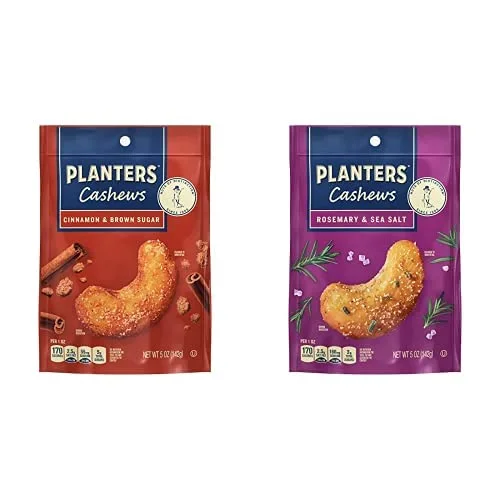 Bundle of PLANTERS Cashews Cinnamon & Brown Sugar, 5 Oz Bag + PLANTERS Cashews Rosemary & Sea Salt, 5 Oz Bag