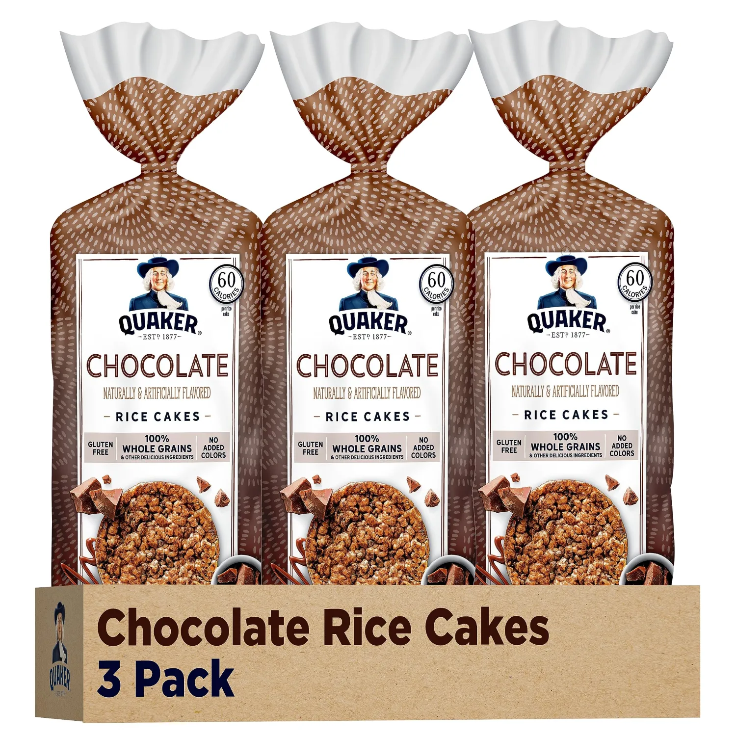 Quaker Large Rice Cakes, Chocolate, 7.23 oz Bags, (3 Pack), Gluten Free, Whole Grain, No Added Colors