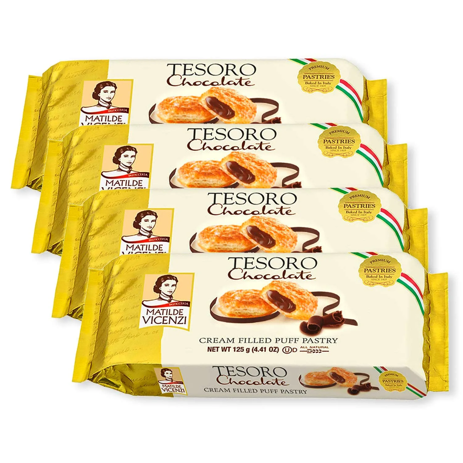 Tesoro Chocolate Cream by Pasticceria Matilde Vicenzi | Chocolate Cream Filled Puff Pastry Patisserie | Dairy, Kosher | Made in Italy | 4.41oz (125g) Box, 4-Pack