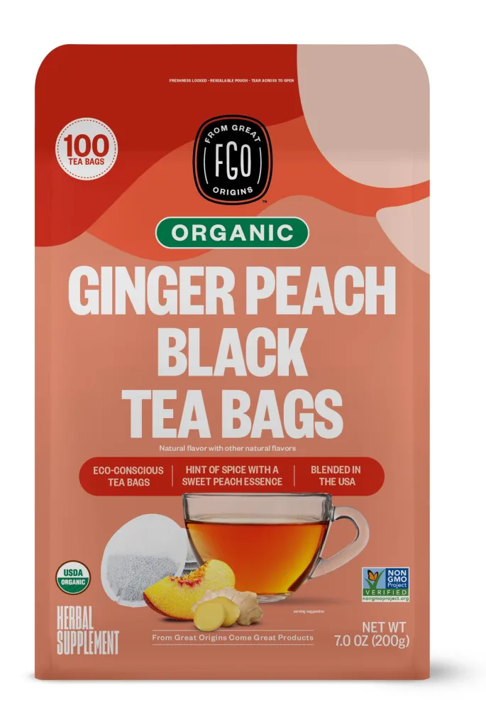 FGO Organic Ginger Peach Black Tea, Eco-Conscious Tea Bags, 100 Count, Packaging May Vary (Pack of 1)