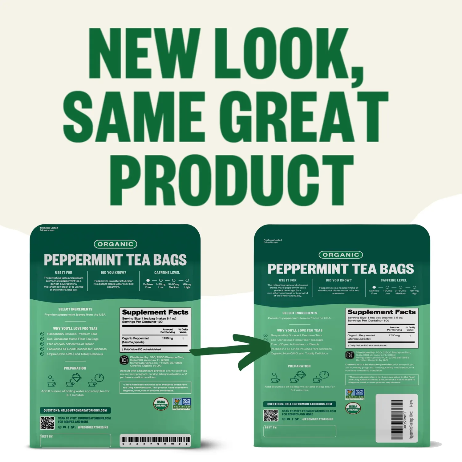 FGO Organic Peppermint Tea, 100 Count, Eco-Conscious Tea Bags, Caffeine Free, Packaging May Vary (Pack of 1)