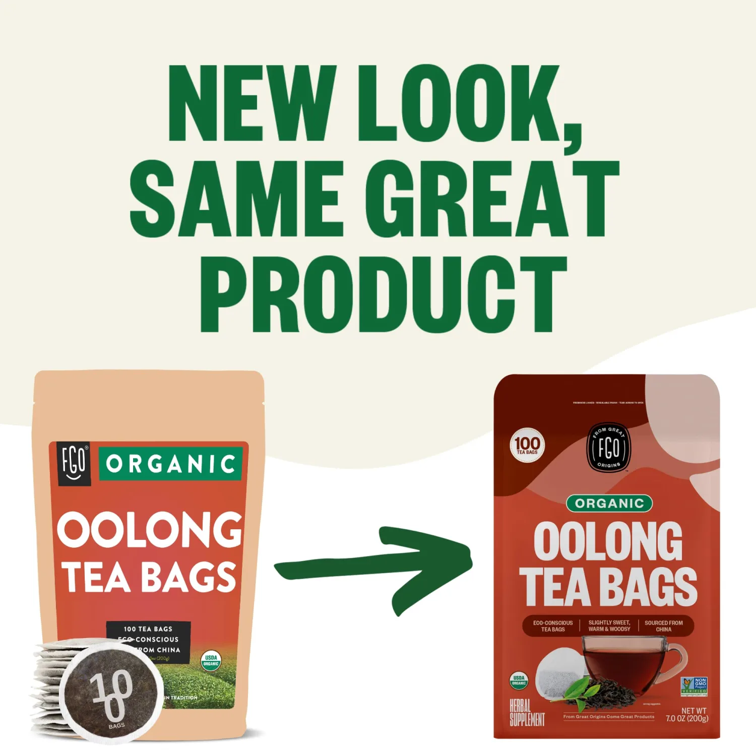 FGO Organic Oolong Tea, Eco-Conscious Tea Bags, 100 Count, Packaging May Vary (Pack of 1)