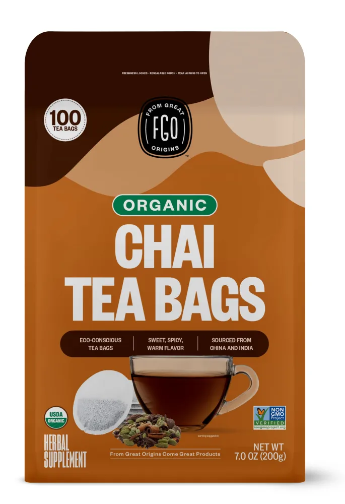 FGO Organic Chai Tea, 100 Count, Eco-Conscious Tea Bags, Resealable Bag, Packaging May Vary (Pack of 1)