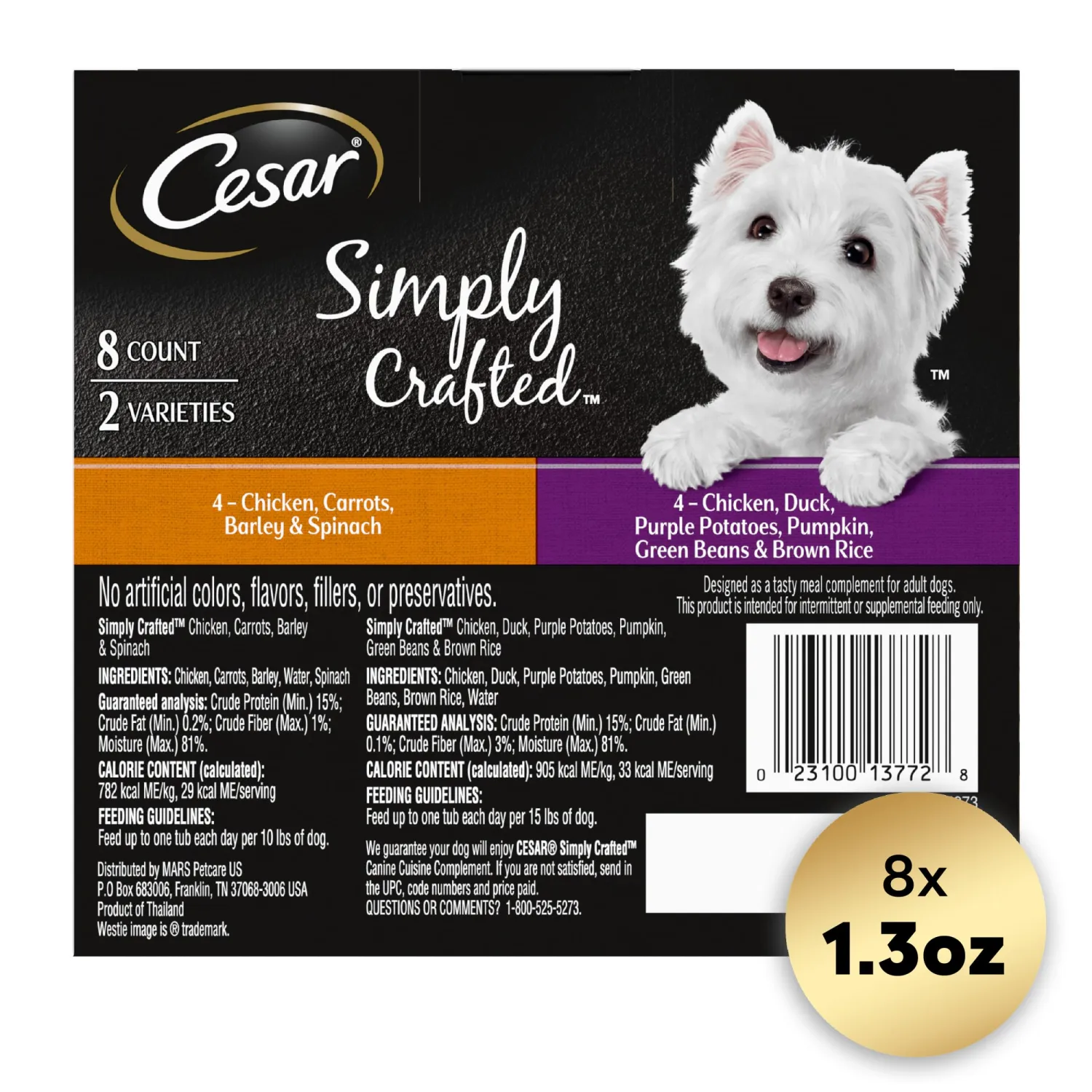 CESAR SIMPLY CRAFTED Adult Wet Dog Food Meal Topper Variety Pack, Chicken, Duck, Purple Potatoes, Pumpkin, Green Beans & Brown Rice and Chicken, Carrots, Barley & Spinach, 1.3 oz. Tubs, Pack of 8