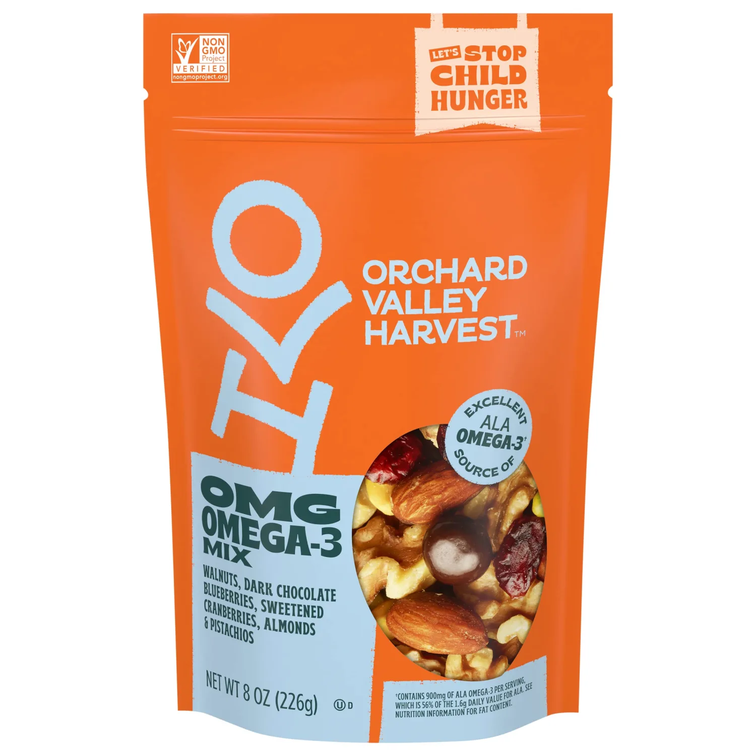 Orchard Valley Harvest OMG Omega-3 Mix, Walnuts, 8 oz Resealable Bag, Dark Chocolate Blueberries, Sweetened Cranberries, Almonds, Pistachios, Gluten Free, Non-GMO, On-The-Go Snack
