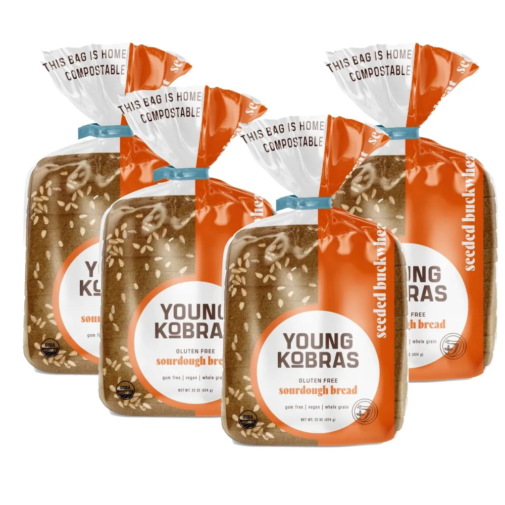 Young Kobras Organic, Gluten-Free Seeded Buckwheat Sourdough Bread (4-pack) - Allergen Friendly, Vegan, Gum-Free, Simple Ingredients & Made Fresh to Order