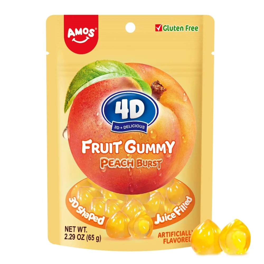 Amos 4D Gummy Candy Peach Burst,Yellow Peach Flavor Gluten Free Snacks, Resealable 2.29oz Pack, Pack of 8