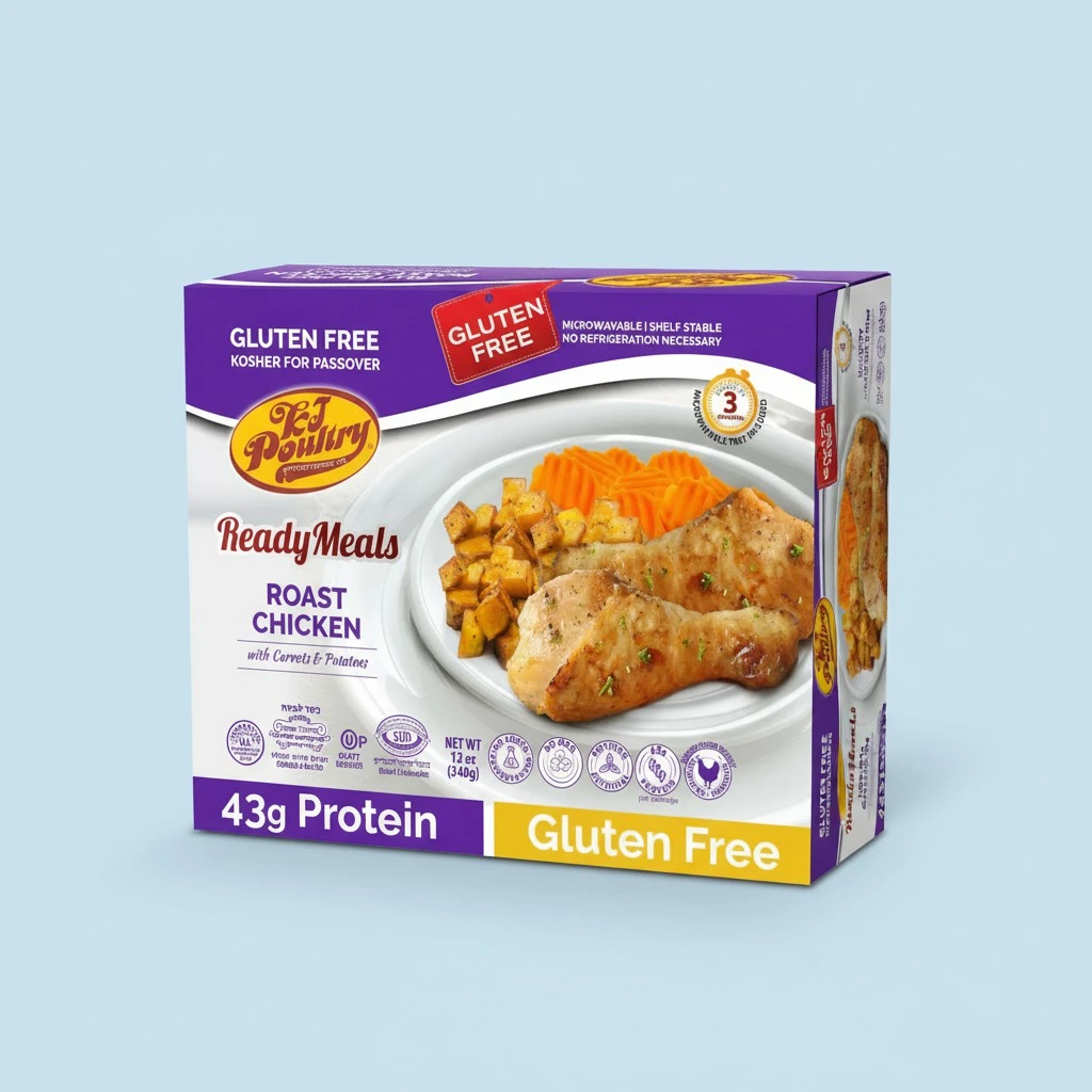 KJ Poultry Kosher for Passover Gluten Free Meals, Roast Chicken with Potato & Carrots, Halal, (1 Pack) Prepared Entree Fully Cooked, Shelf Stable Microwave Dinner, Travel Military Camping