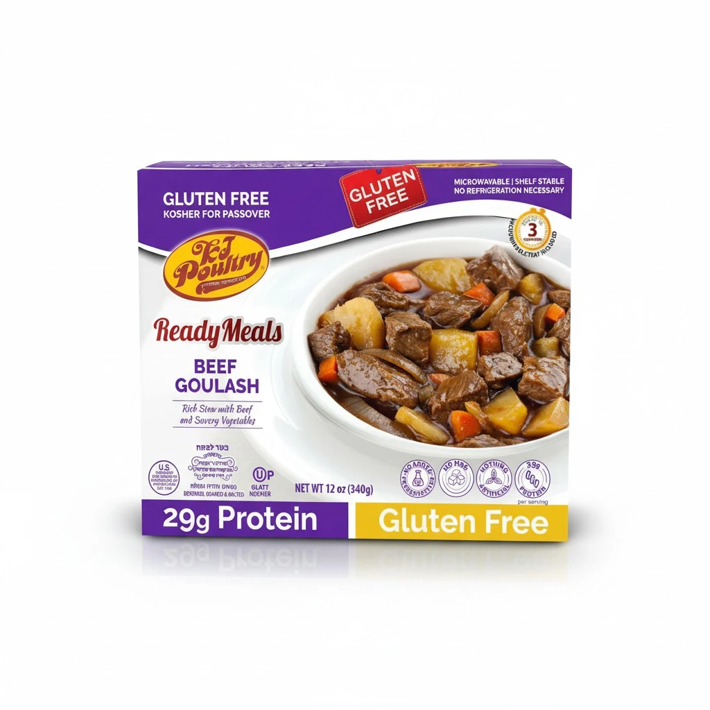 KJ Poultry Kosher for Passover Gluten Free Meals, Beef Goulash Stew with Vegetables (1 Pack) Prepared Entree Fully Cooked, Shelf Stable Microwave Dinner, Travel, Military, Camping, Emergency Survival